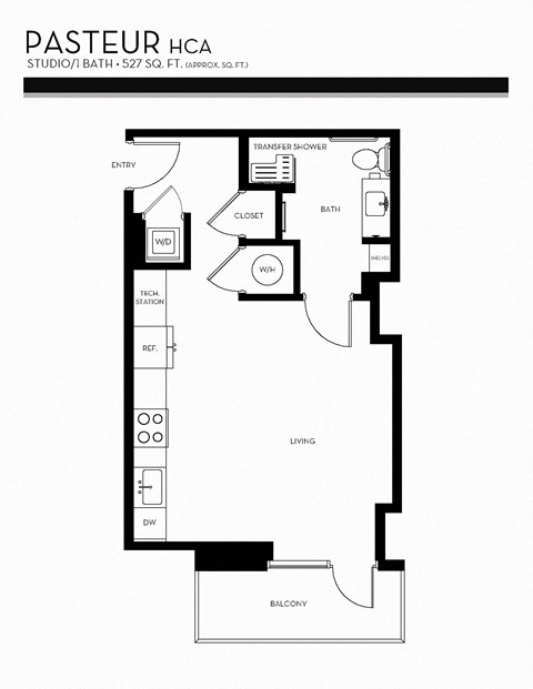 Floor plan for studio, 1 bath, 527 sqft